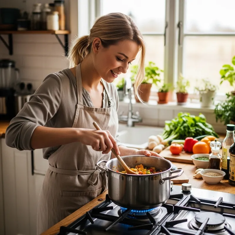 Happy Blonde Woman Cooking with Focus