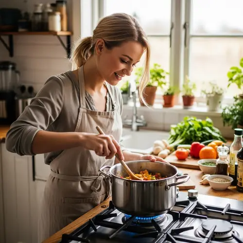 Content-Looking Blonde Woman Immersed in Cooking