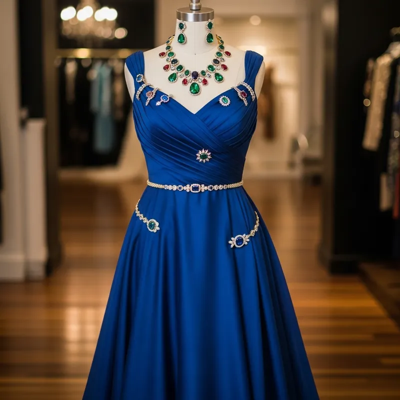 Blue Evening Gown Size 40 | Colorful Jewelry & Elegant Details