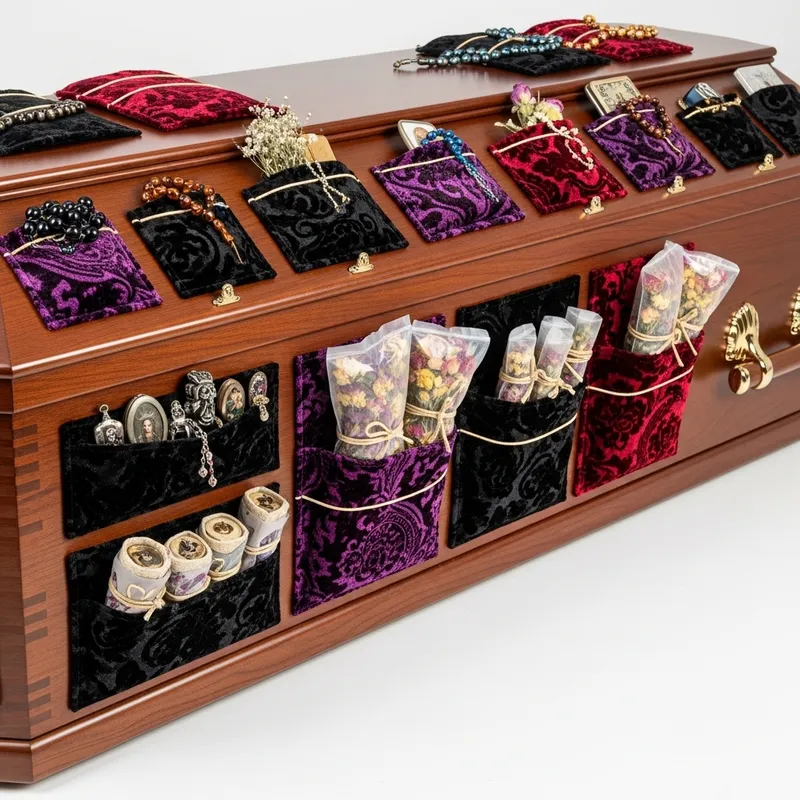 Mahogany Coffin with Elegant Velvet Pockets Mahogany Coffin with Elegant Velvet Pockets