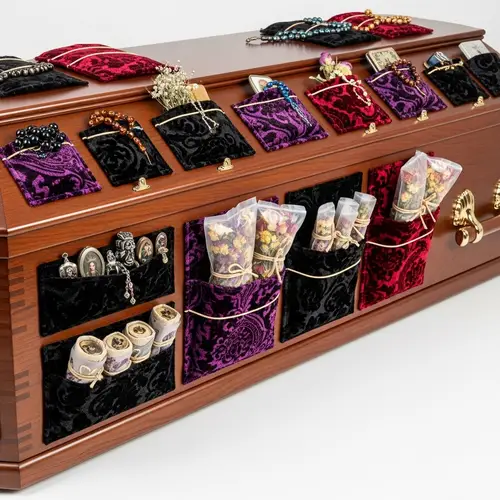 Gothic Mahogany Wood Coffin Adorned with Exquisite Velvet Pockets
