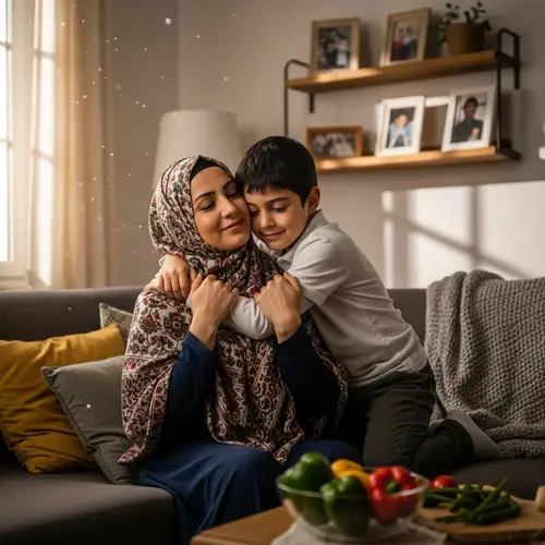 Middle-Eastern Boy Showing Care and Love to Mother
