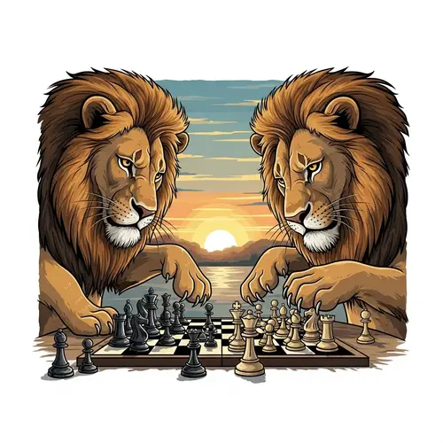 Whimsical Scene: Majestic Lions Engaged in Chess Game
