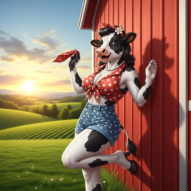 Vintage Cow Pin-Up Art - Retro Farm Scene
