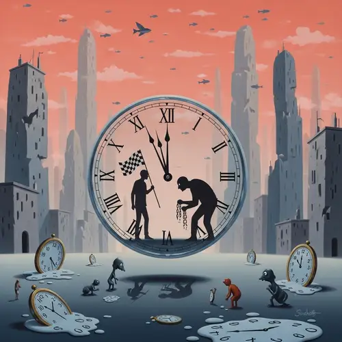 Surrealistic Clock Oil Painting | Confrontation Scene