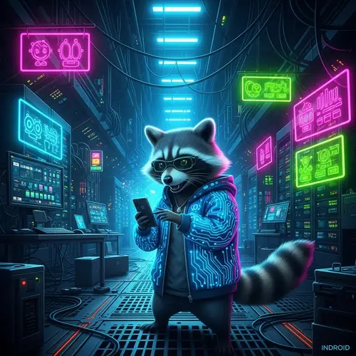 Futuristic Cyber-Themed Data Center with Sneaky Raccoon Hacker