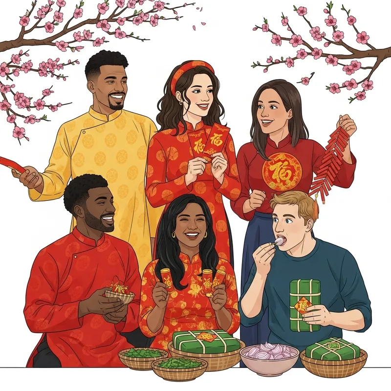Diverse Tet Festival Celebration: Friends Enjoying Vietnamese New Year