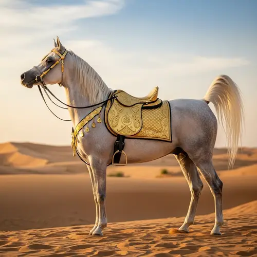 White Arabian Horse with Golden Saddle and Bridle