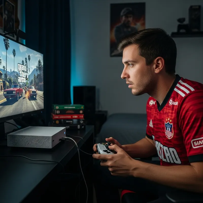 Caucasian Man Playing America de Cali Shirt in Bedroom