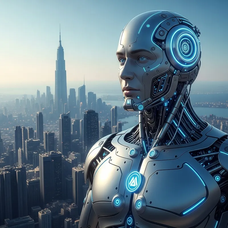 Hyper-Realistic Male Robot in Futuristic Cityscape Hyper-Realistic Male Robot in Futuristic Cityscape
