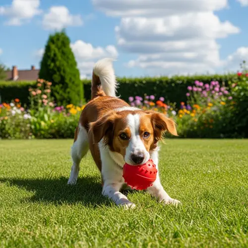 Playful Domestic Dog with Short Wavy Fur and Red Ball