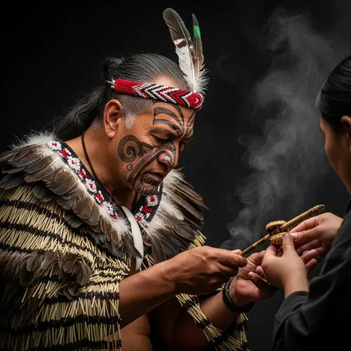 Traditional New Zealand Maori Spiritual Ceremony with Maori Elder in Feather Cloak