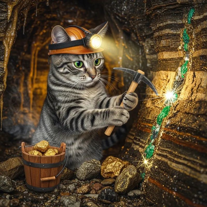 Cat Mining: Adorable Feline Excavating with Pickaxe Cat Mining: Adorable Feline Excavating with Pickaxe