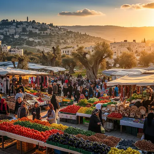 Historic Palestine Landscape with Olive Trees | Market Stalls at Twilight