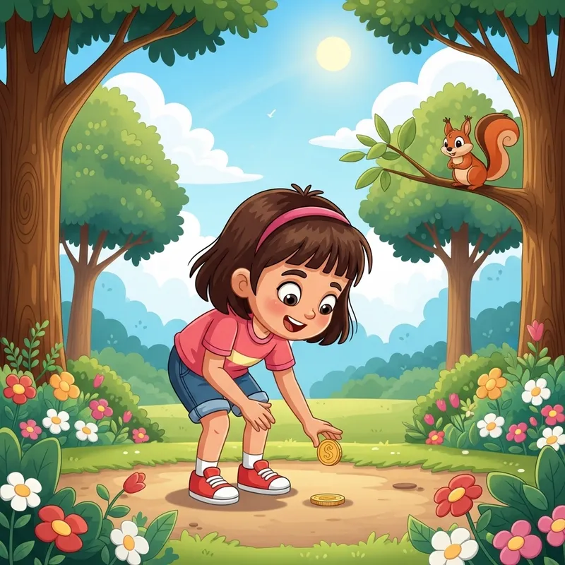 Girl Picks Up a Coin in the Park - A Colorful Cartoon