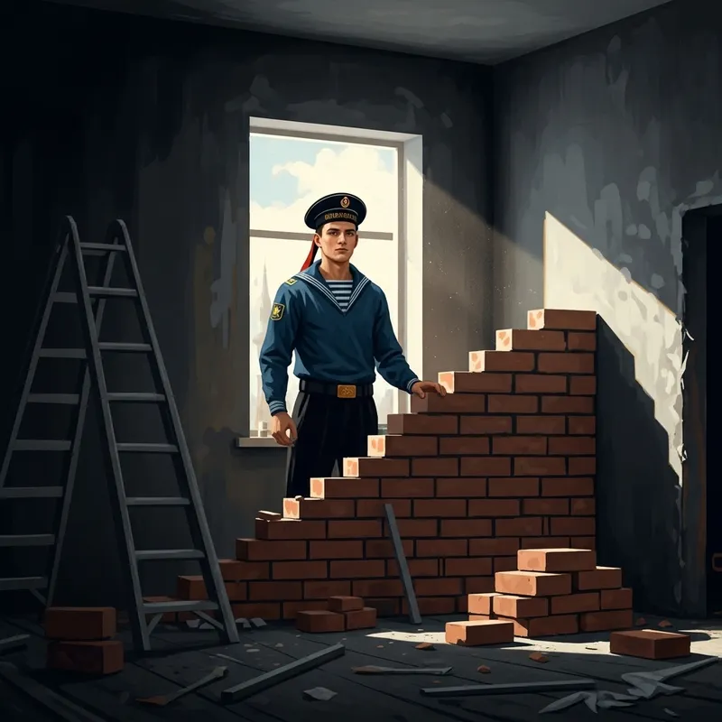 Russian Sailor Building Modern Brick Wall in High-Tech Apartment Renovation