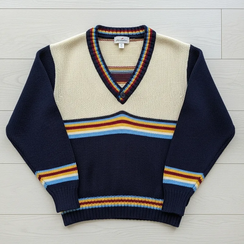Navy Blue and Cream V-Neck Sweater with Colorful Stripes