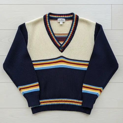 Navy Blue and Cream Sweater with V Neckline - Stylish Design