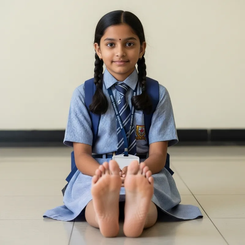 South Asian School Girl Barefoot Showing Soles of Feet