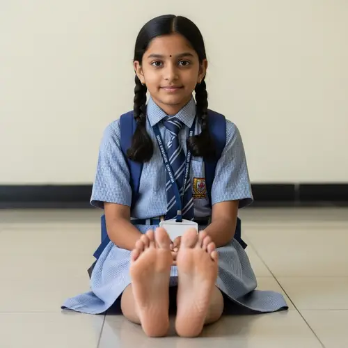 South Asian Girl in School Uniform Barefoot
