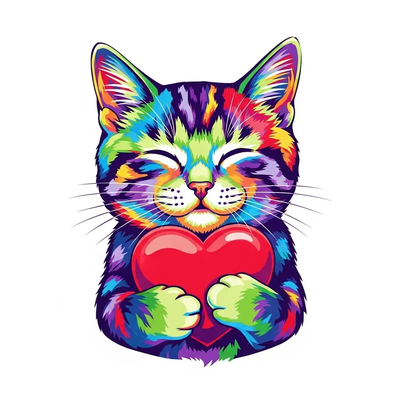 Colorful Cat Illustration with Vibrant Pop Art Style and Red Heart