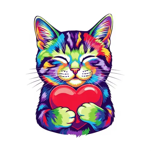 Vibrant Pop Art Style Cat Hugging Red Heart Illustration