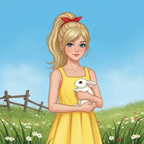 Young Girl in Yellow Sundress Holding White Rabbit