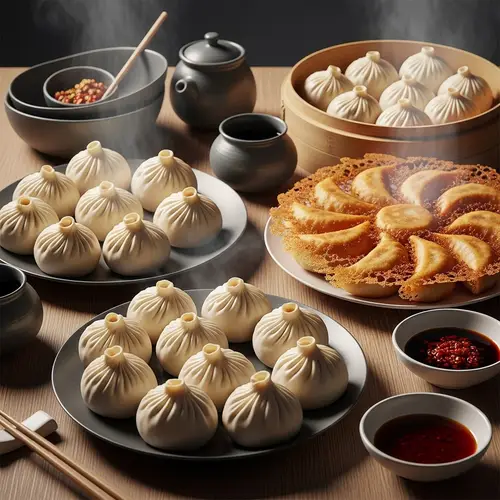 Delicious Dumplings: Steamed & Fried Varieties on Rustic Table