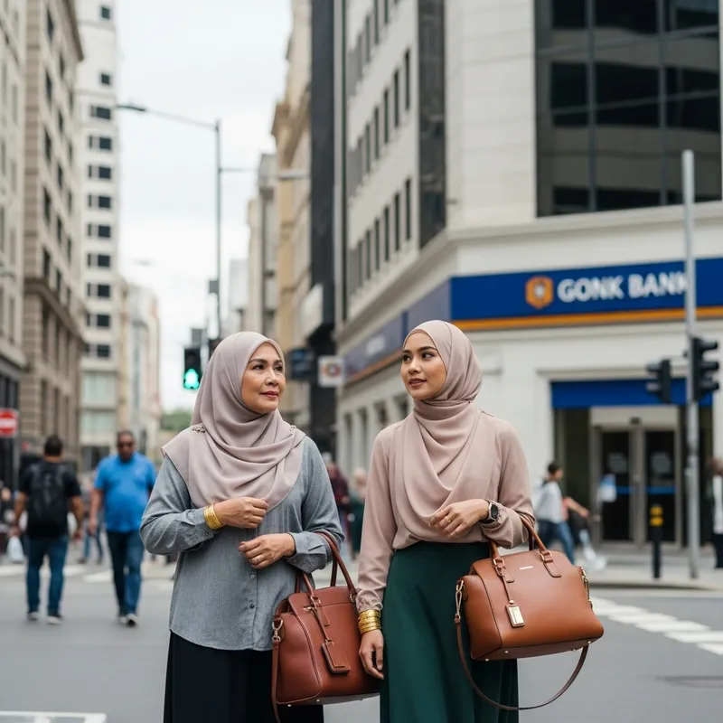 Asian Muslim Women with Hijab and Gold Jewelry - Urban Pawning Scene