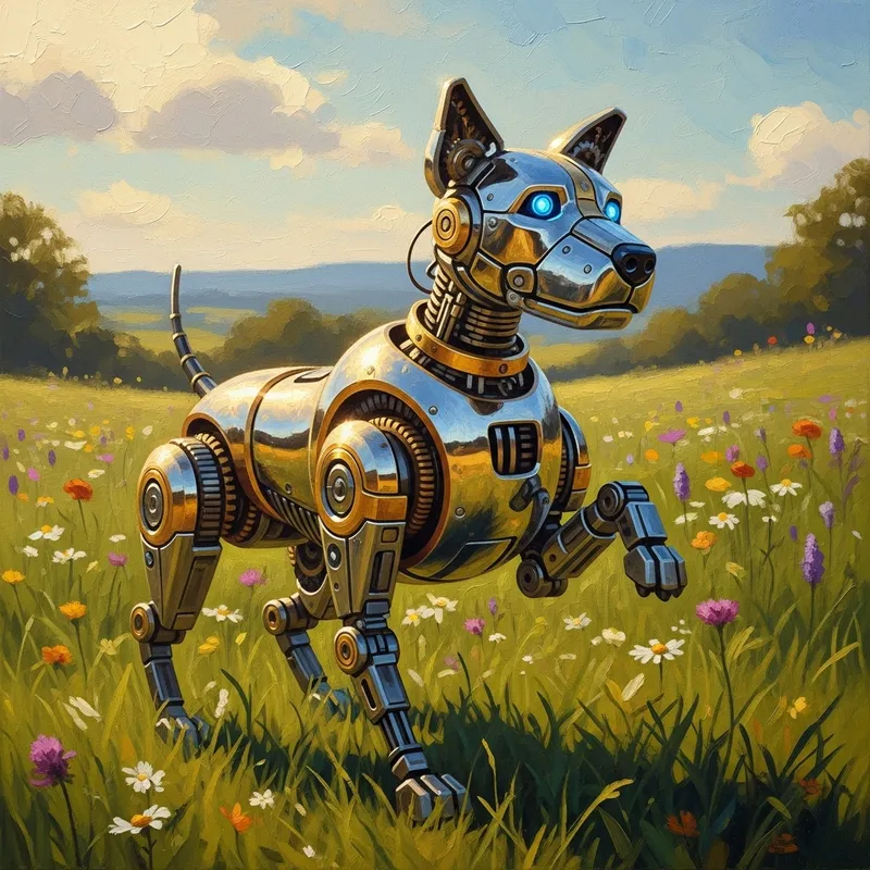 Robot Dog in Meadow Painting