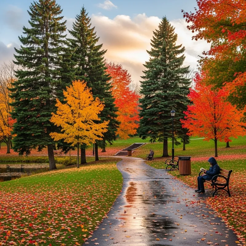 Illustration: Park Scene with Spruce and Maple Trees