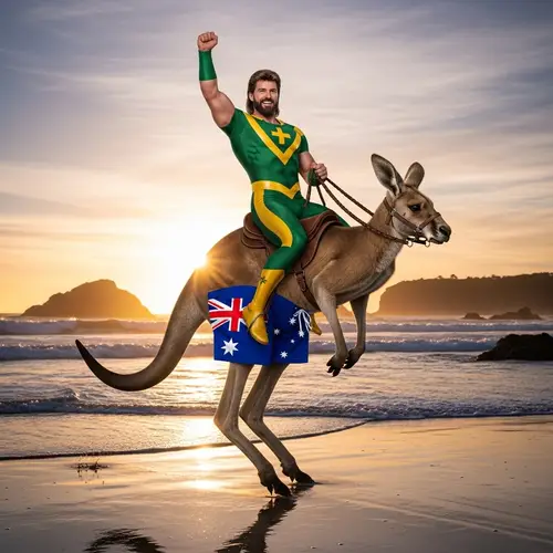 Australian Superhero Riding Kangaroo on Beach | Superhero Adventures