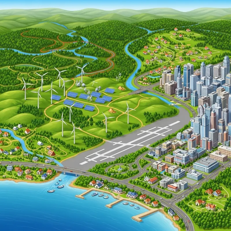 Geographic Infrastructure Revealed: Diverse Landscape with Forest, City & Coastline