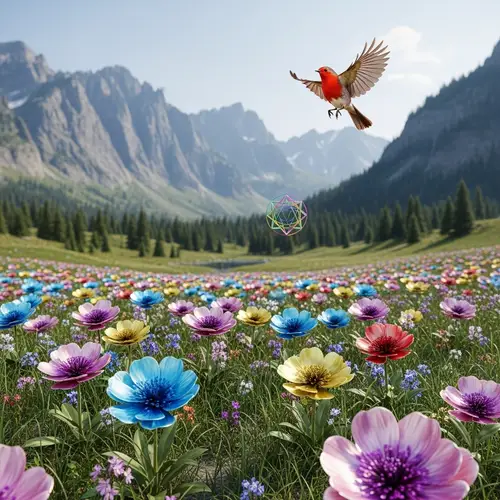 Realistic Metallic Flowers in Mountain Landscape