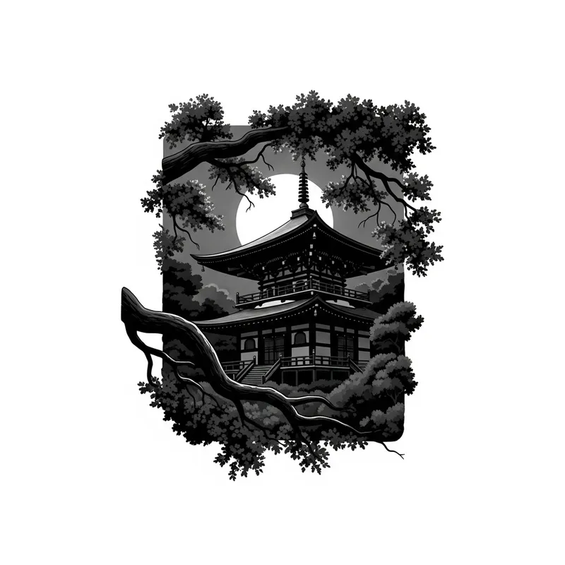 Mystic Japanese Temple Shirt Design - Peaceful Night Scene