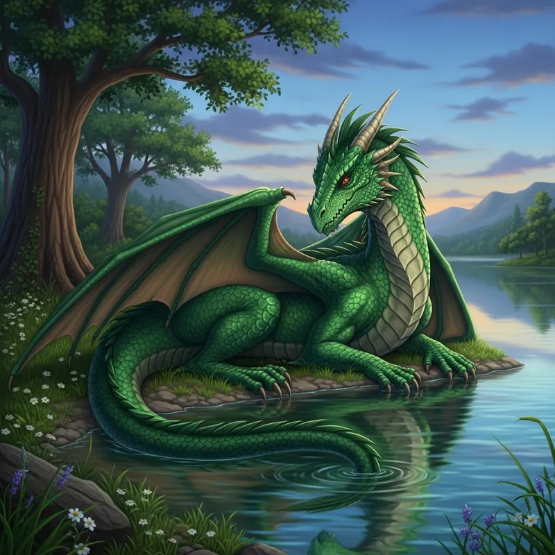 Majestic Emerald Dragon by the Tranquil Lake