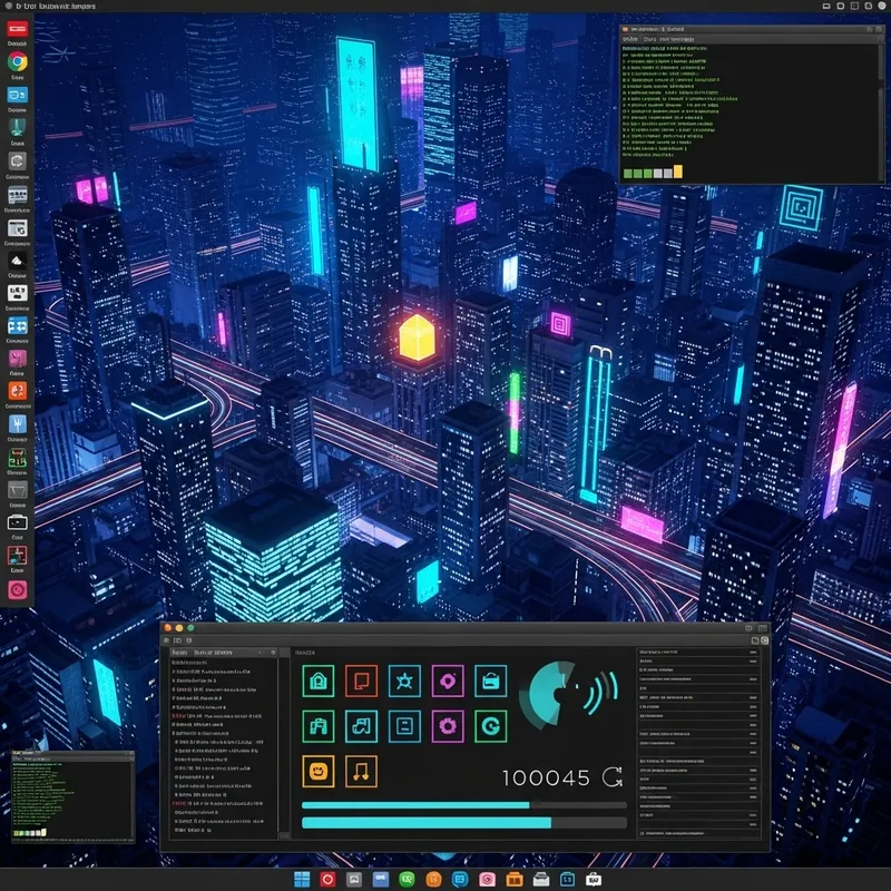 Neon Linux Interface in Modern Cityscape Design Neon Linux Interface in Modern Cityscape Design