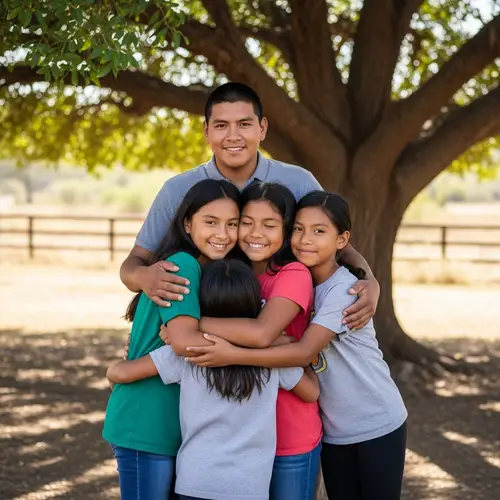 Indigenous Siblings Embrace Under a Tree