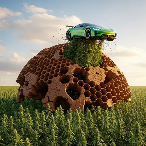 Green Car Emerging from Brown Honeycomb Structure in Green Hemp Field
