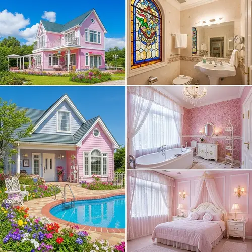 Charming Pastel-Colored Cottage with Vibrant Flower Garden and Sparkling Pool