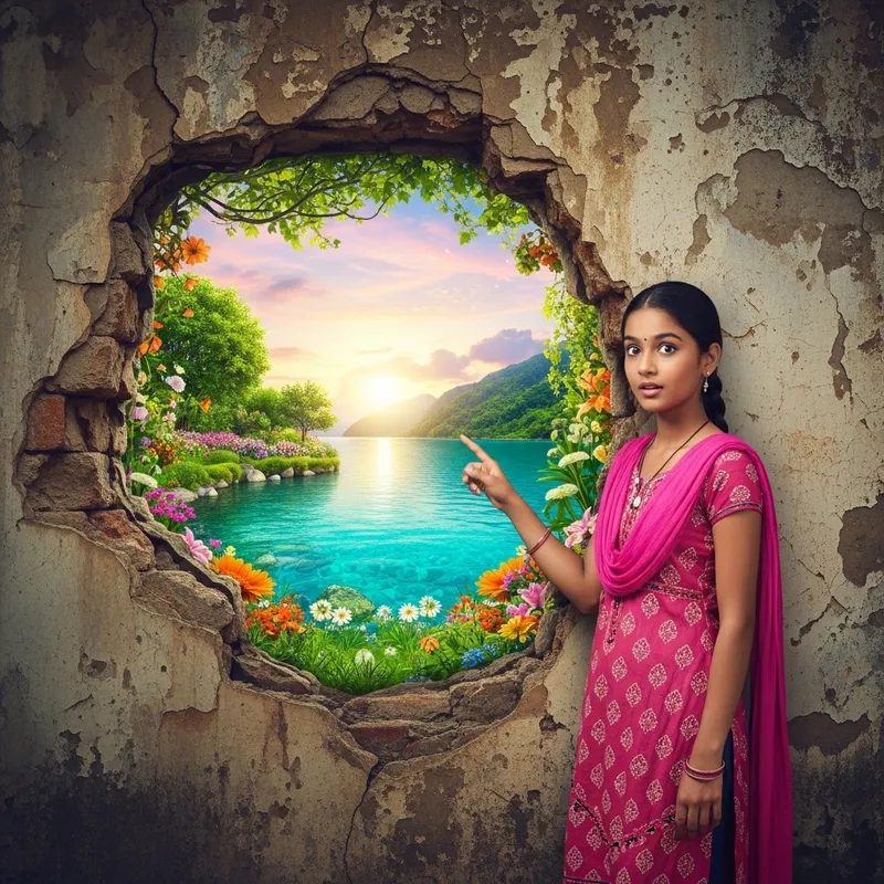 Girl Discovers Paradise Through Old Wall: A Touch of Beauty Girl Discovers Paradise Through Old Wall: A Touch of Beauty