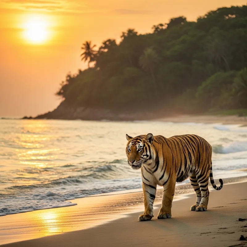 Bengal Tiger Roaming Seashore with Jungle Backdrop