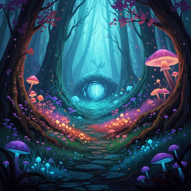 Enchanting Forest with Glowing Mushroom Pathway Enchanting Forest with Glowing Mushroom Pathway