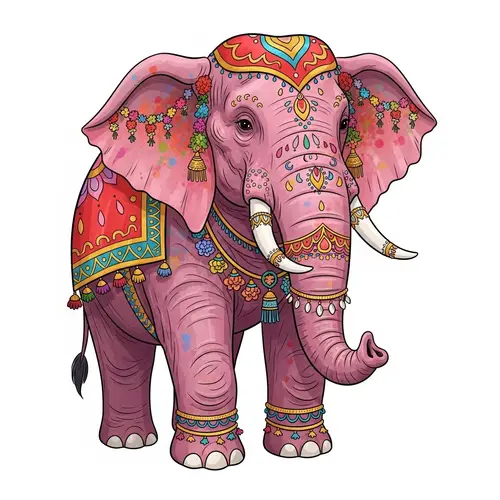 Whimsical Pink Elephant Decorated with Indian Patterns