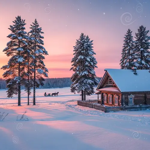 Picturesque Russian Winter Landscape with Wooden Dacha and Troika