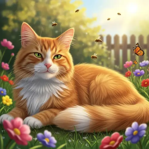 Orange Tabby Cat Relaxing in Sunlit Garden | Tranquil Scene