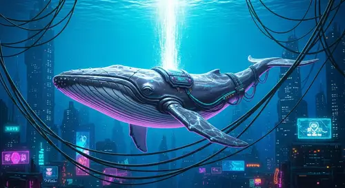 Majestic Cyberpunk-Themed Whale in Neon Ocean Lights