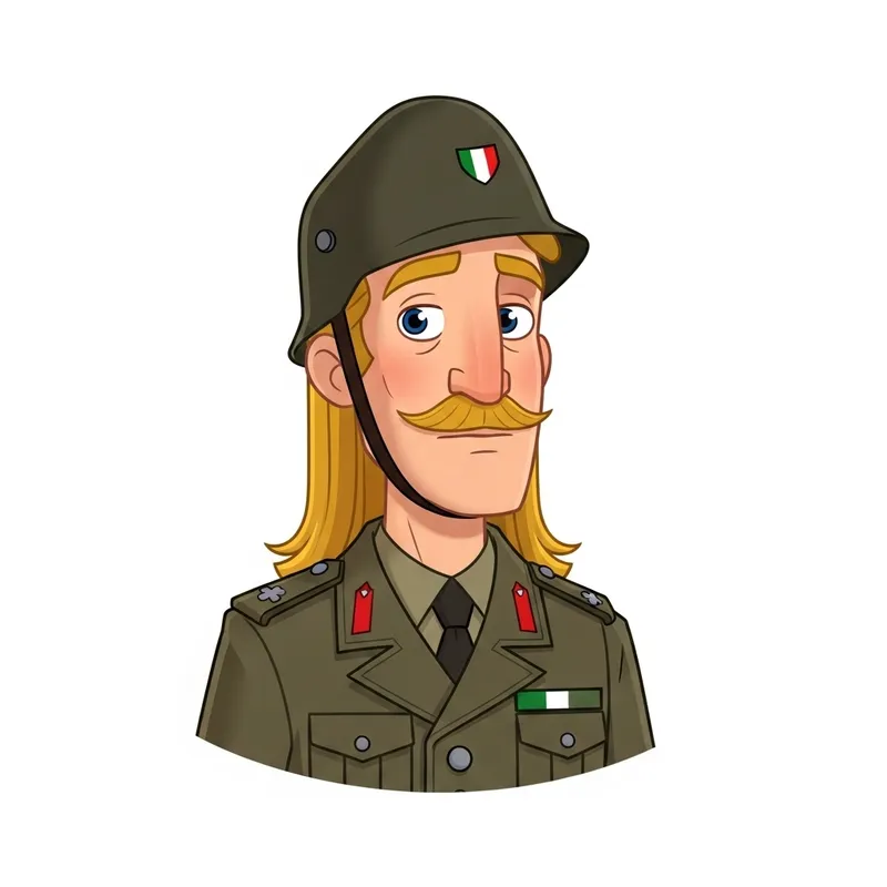 Italian WWII Cartoon Soldier with Hitler Mustache and Blonde Hair