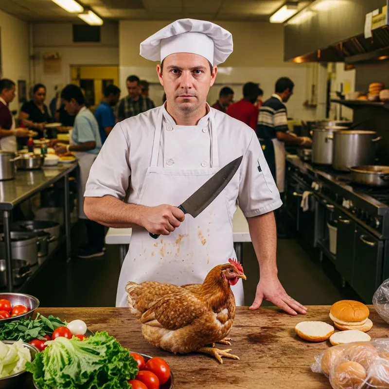 Expert Chef Crafting Chickenburger With Knife in Soup Kitchen