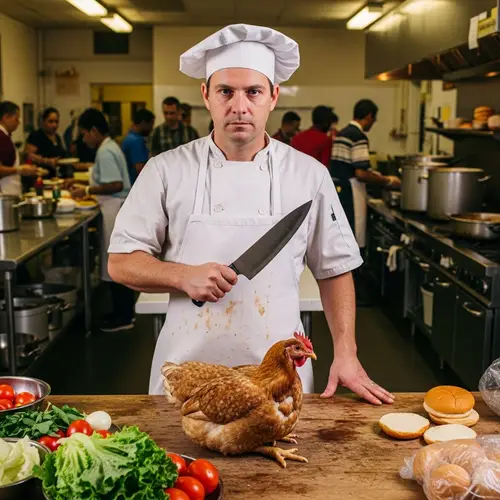 Professional Chef Preparing Fresh Chicken Burger in Soup Kitchen